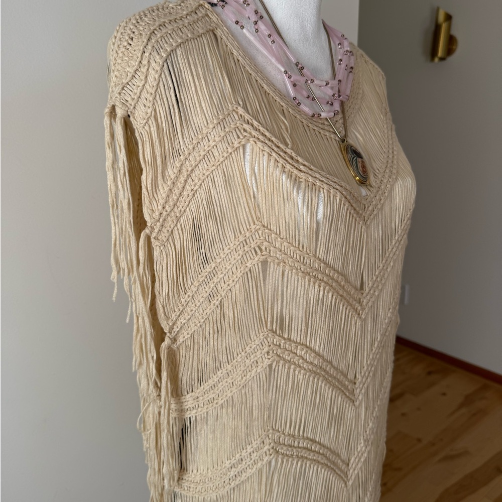 Crochet/mac Cream Fringe Sleeveless Dress/layering piece - Picture 6 of 11